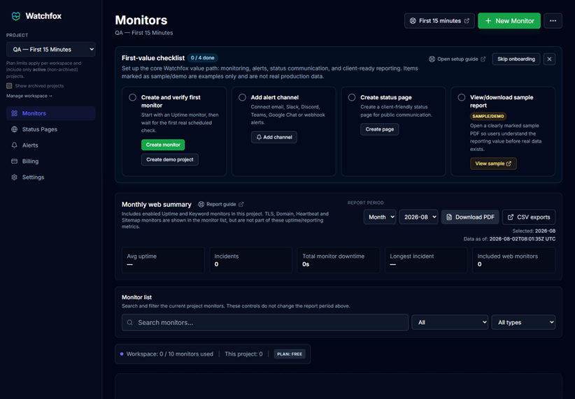 Monitors page with the QA project selected in the project selector