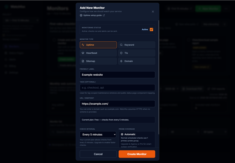 Add New Monitor form with Uptime selected and the label and URL fields completed
