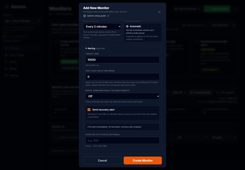 Uptime monitor alerting settings with no first-alert delay, reminders off, and recovery alerts enabled