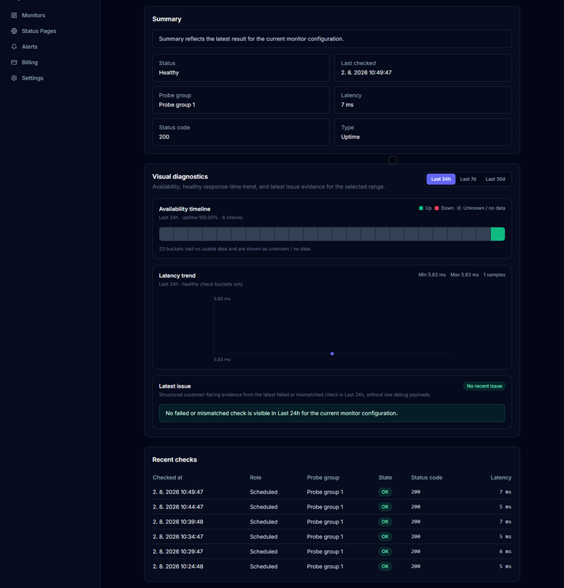 Uptime monitor detail showing a successful real check and recent checks