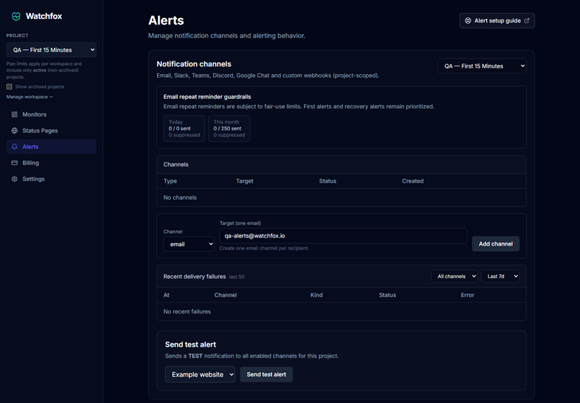 Alerts page while adding an email notification channel