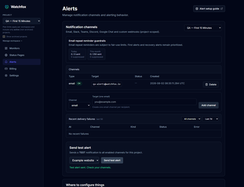 Send test alert panel showing a successful email test